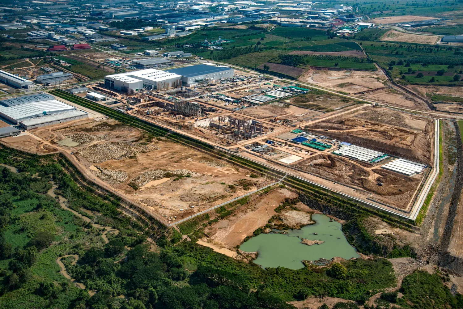 Aerial view of site development and industrial construction works
